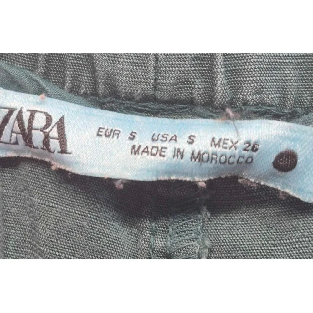 Zara women's green linen blend crop tapered drawstring casual pant sz. S pockets